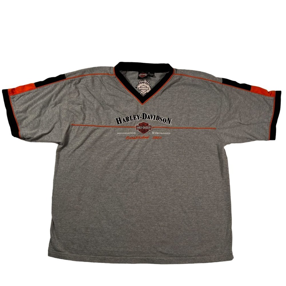 Harley Davidson Shirt Men's Short Sleeve Embroidered V-Neck Cotton Tee Gray 2XL